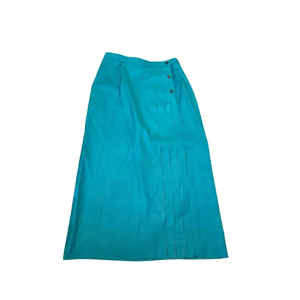 Vintage John Brooks 100% Silk Teal Two Piece Jacket Pleated Midi Skirt Set Sz10